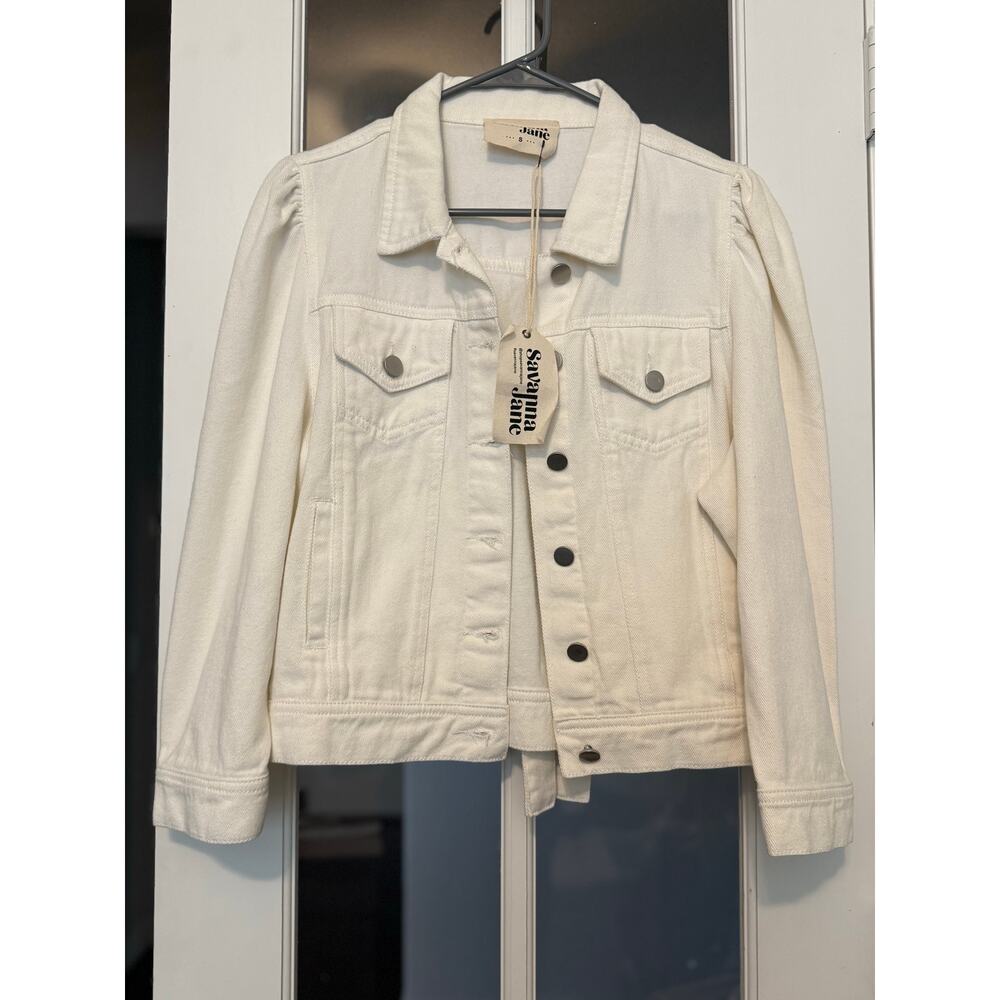 Savanna Jane white puff shoulder 3/4 sleeve denim jacket  small NWT